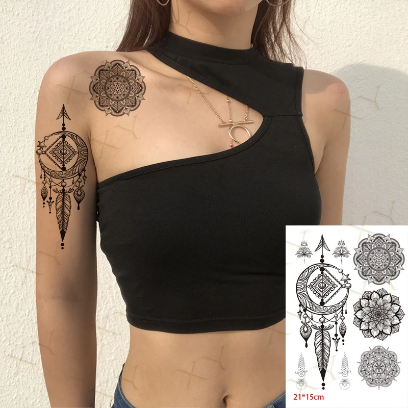 Su geçirmez Geçici Dövme Etiket Siyah Desen Totem Mandala Sahte Dövmeler Flaş Dövme Vücut Kol Büyük Boy Sanat Erkekler Kadınlar için