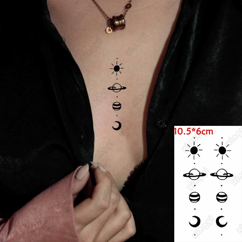 Küçük Geometrik Gezegen Moda Kadınlar Geçici Dövmeler Sticker Su Transferi Dövme Minimalist Güneş Ay Tasarım Sahte Dövme Erkekler