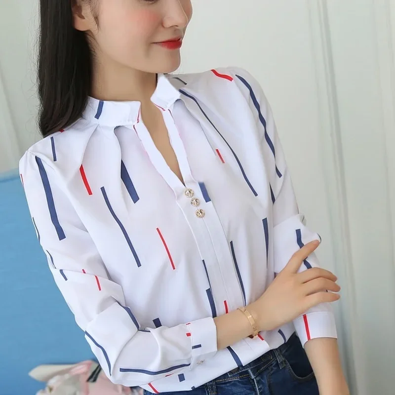 Kadın Bluzlar Moda Şerit Baskı Rahat Uzun Kollu Ofis Bayan İş Gömlekleri 2023 Kadın Beyaz Üstleri Kadın İnce Blusas Yeni