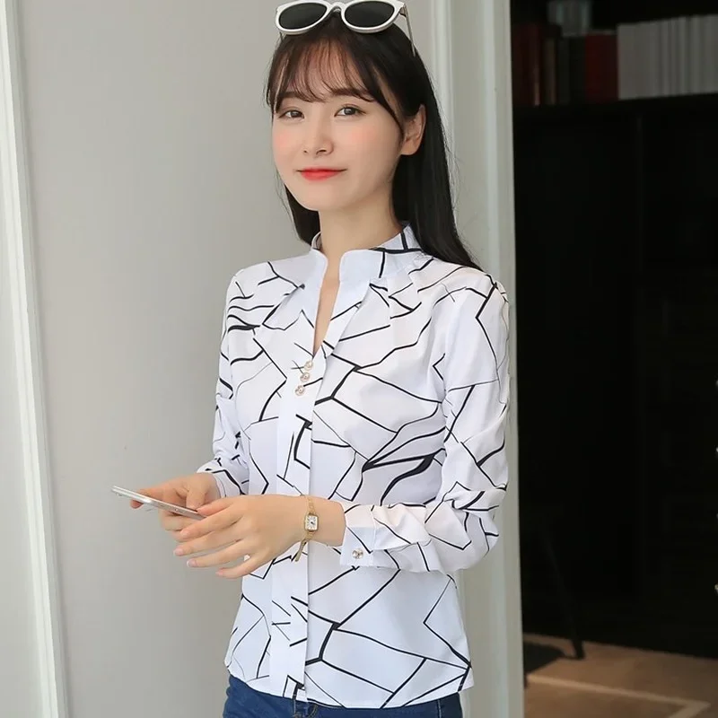 Kadın Bluzlar Moda Şerit Baskı Rahat Uzun Kollu Ofis Bayan İş Gömlekleri 2023 Kadın Beyaz Üstleri Kadın İnce Blusas Yeni