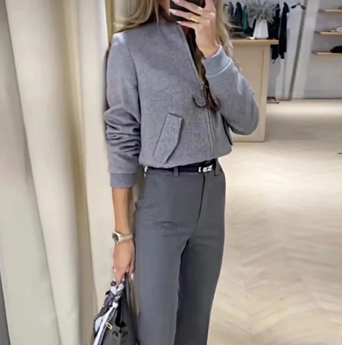 Kadın Blazer Setleri 2023 Sonbahar Yeni Moda Tasarım Duygusu Cep Üst Çok Yönlü Banliyö Düz Kollu Takım Elbise Pantolon İki Parçalı Set