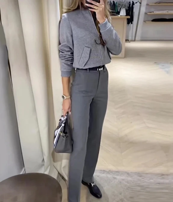 Kadın Blazer Setleri 2023 Sonbahar Yeni Moda Tasarım Duygusu Cep Üst Çok Yönlü Banliyö Düz Kollu Takım Elbise Pantolon İki Parçalı Set