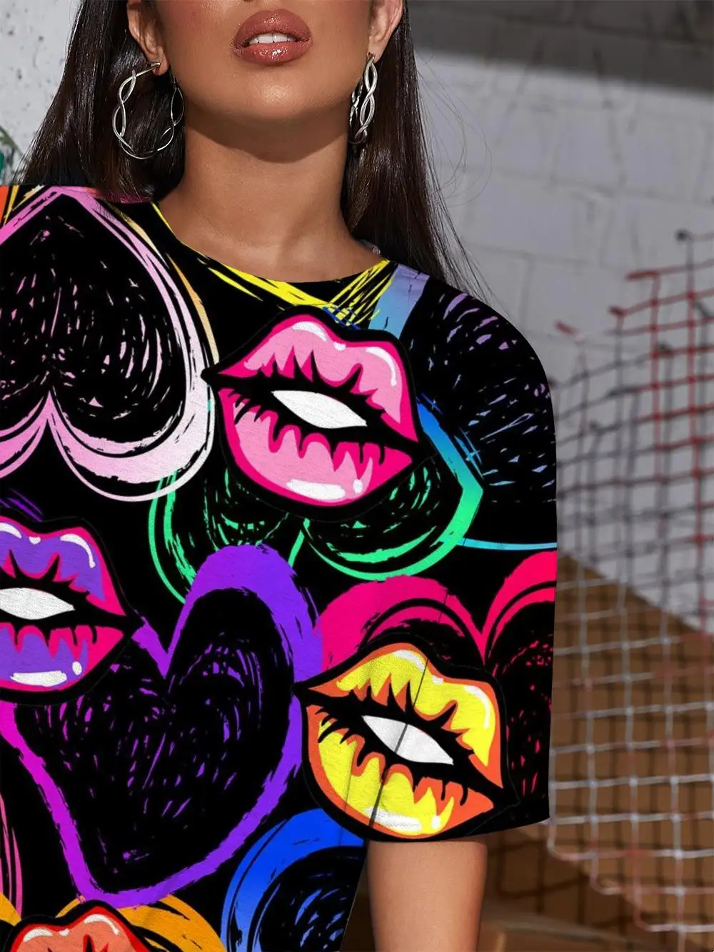Mutluluk Erik Dudaklar T-shirt Kadın Graffiti Komik T Shirt Renkli Yaz Aşk T-Shirt 3d Bayan Giyim Femme Casual Tops