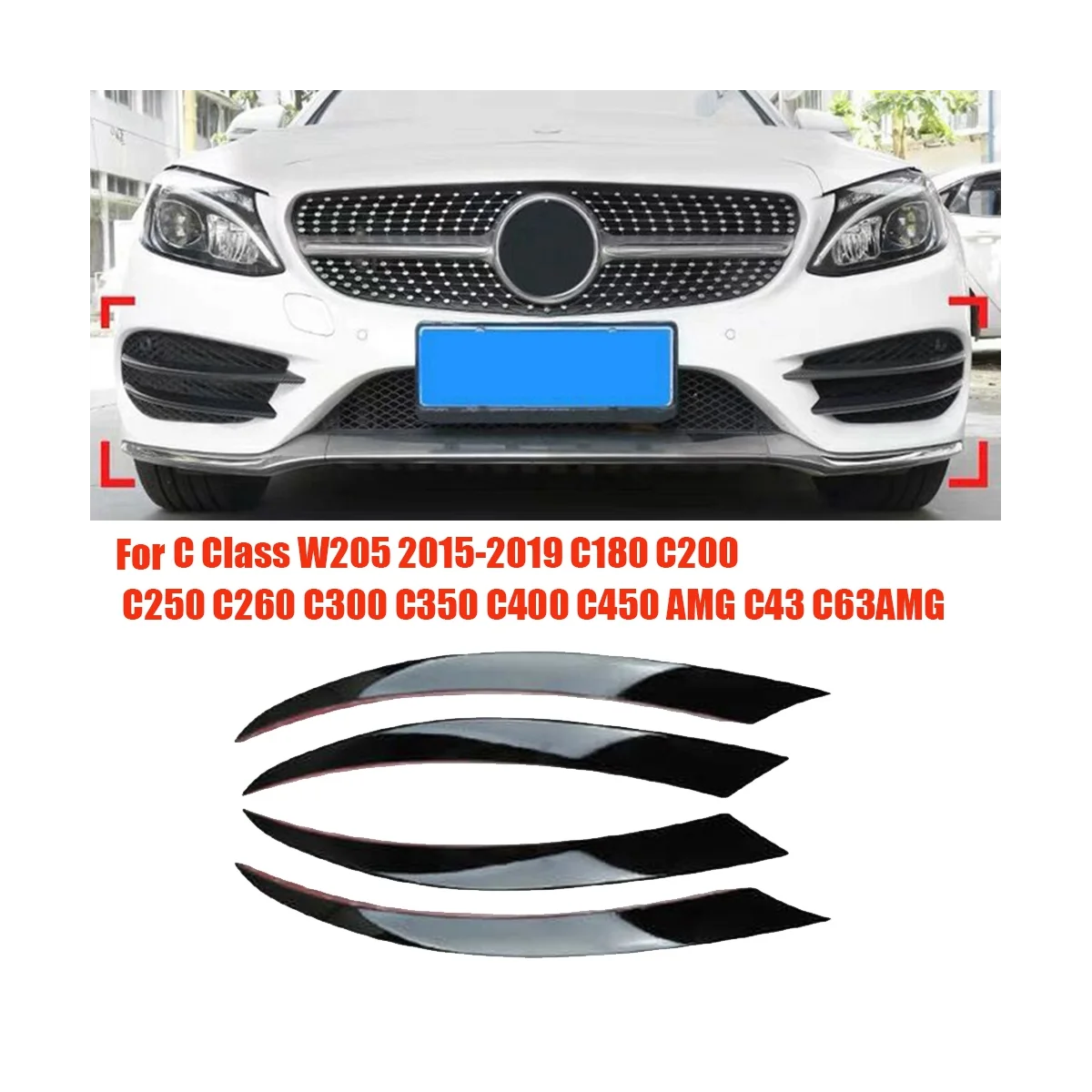 4 Adet Ön Tampon Sis Farları Grille Trim Şeritler Dudak Splitter Spoiler Mercedes Benz C Sınıfı için W205 2015-2019 C180 C200