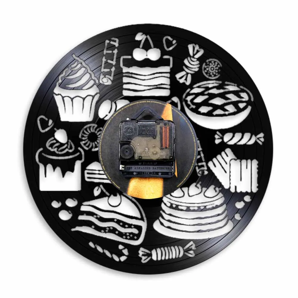 Tatlı Kremalı Kek Hamur İşleri Inspired Vinil Kayıt duvar saati Çay Odası Cafe House Ekmek Dükkanı İşareti Retro Müzik Albümü Saat