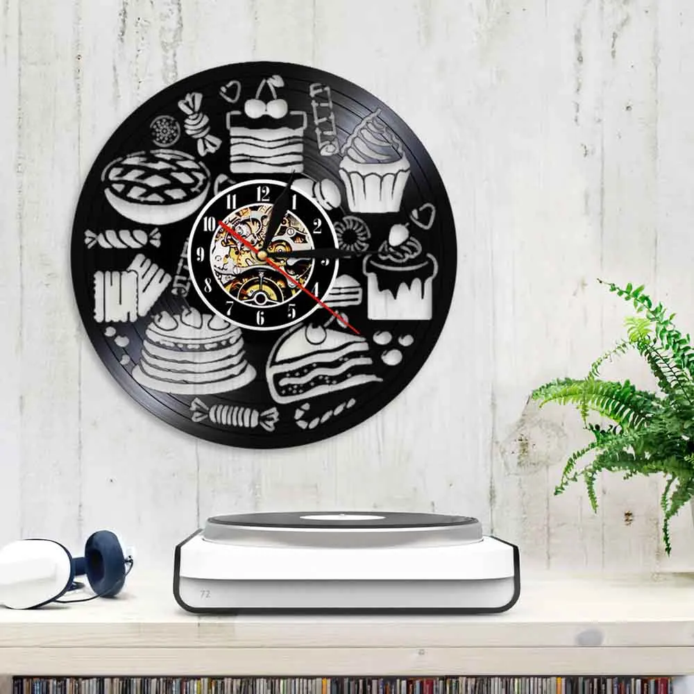 Tatlı Kremalı Kek Hamur İşleri Inspired Vinil Kayıt duvar saati Çay Odası Cafe House Ekmek Dükkanı İşareti Retro Müzik Albümü Saat