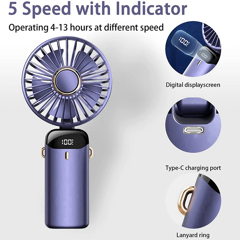 El Fanı Taşınabilir Fan 5000mAh Şarj Edilebilir, LED Ekranlı 5 Hız, 90 ° Ayarlanabilir