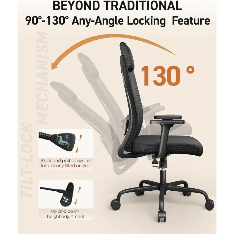 CAPOT Ergonomik Ofis Koltuğu Masa Sandalyeleri-Herhangi Bir Açıda Eğim Kilidi 90°-130°, Büyük Ayarlanabilir Koltuk Başlığına Sahip Fileli Ergonomik Sandalye