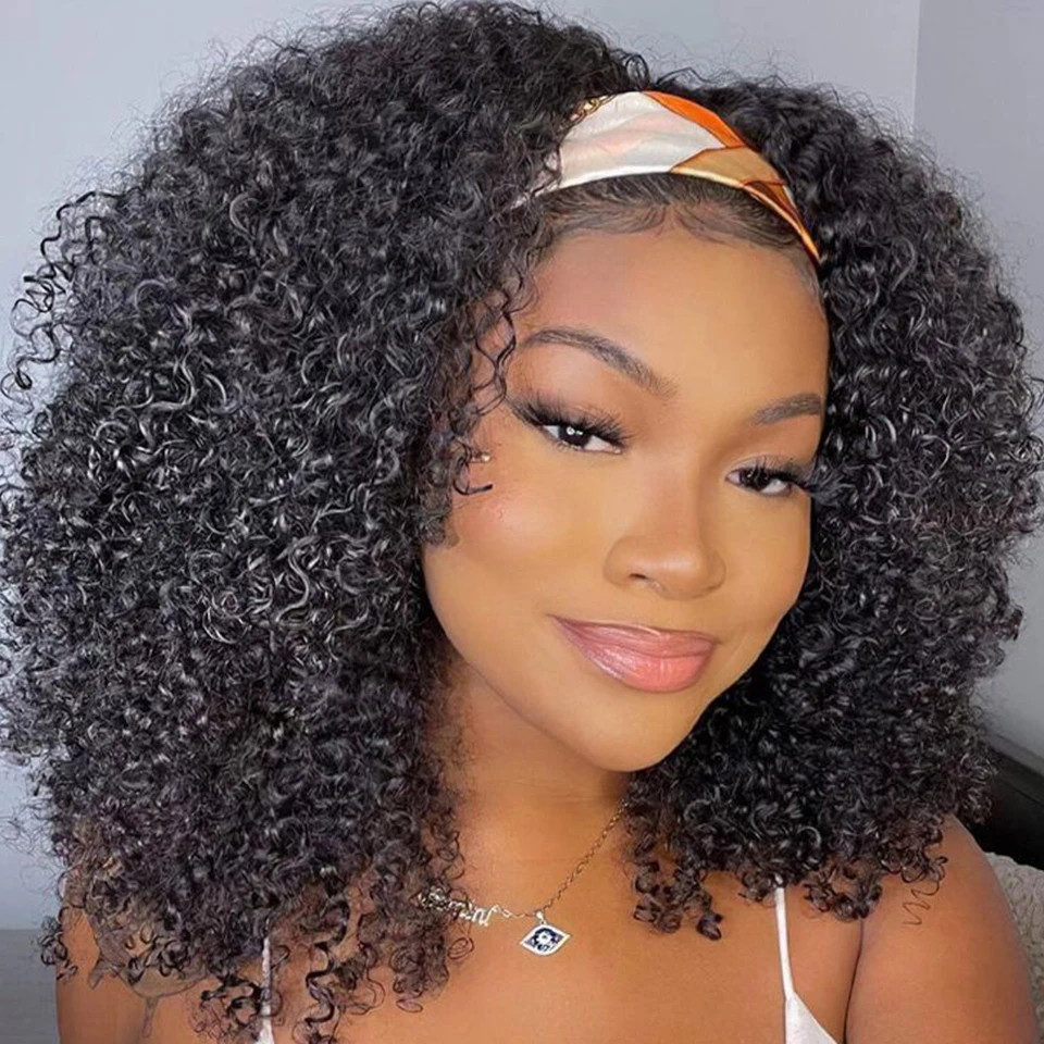 Perulu Kinky kıvırcık insan saçı Kafa Bandı Peruk Siyah Kadınlar İçin 180 % Yoğunluk Tutkalsız Remy Afro Kinky Tam Makine Yapımı Saç
