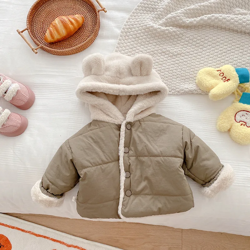 Bebek Polar Giyim Çocuklar Kalınlaşmış sıcak tutan kaban Kış Erkek Kız Ceketler çocuk Katı Kapşonlu Pamuklu Giysiler Soğuk Palto