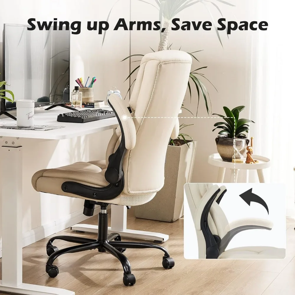Flip Up Arms Bel Desteği, Ayarlanabilir Yükseklik,Tekerlekler, Yumuşak Yastıklı, Krem ile Yüksek Geri Büyük ve Uzun Deri Ofis Masası Sandalyeleri