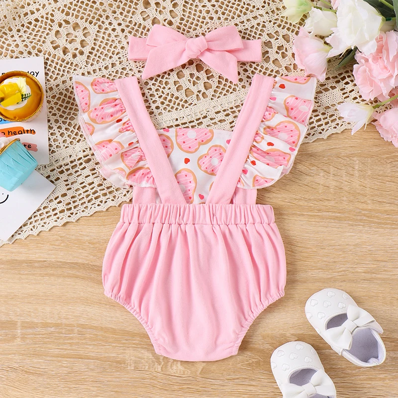 Yenidoğan Bebek Kız Giysileri Kare Boyun Uçan Kollu Çörek Baskı Romper Yay Bandı ile Bebek Kıyafetleri