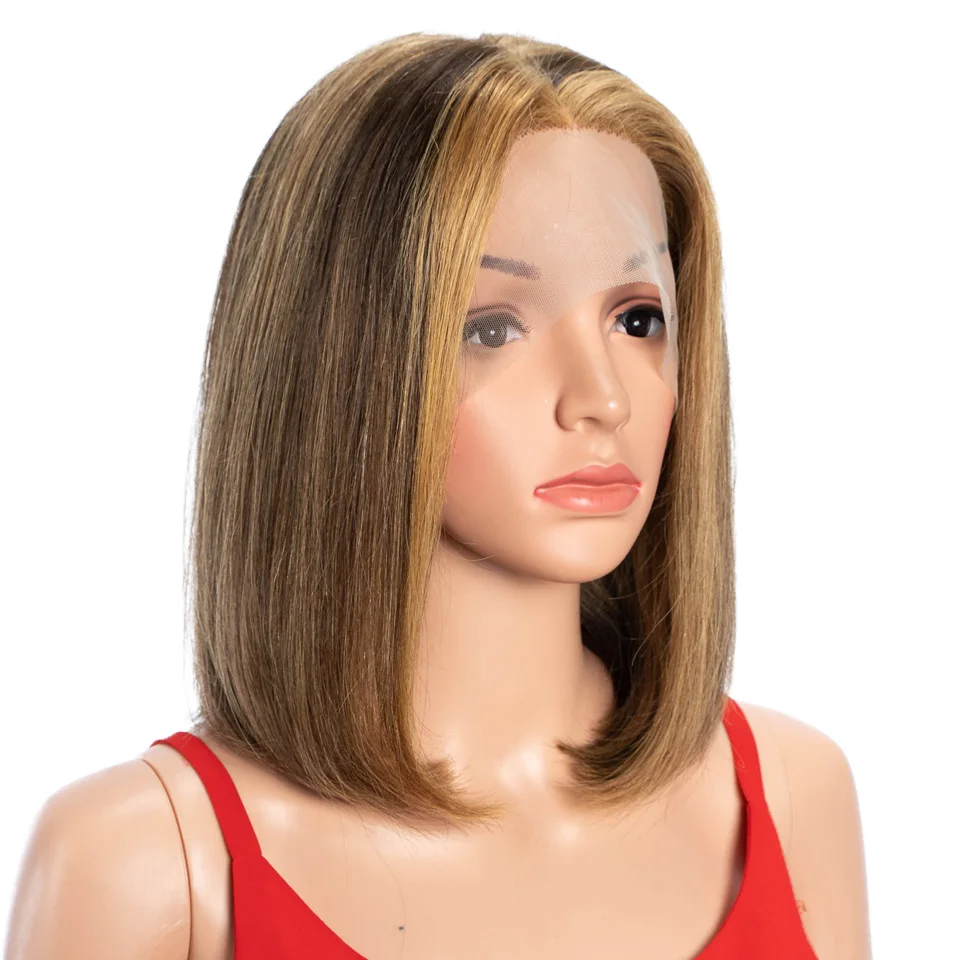Kısa insan saçı Peruk Kadınlar İçin P4 / 27 Vurgulamak Remy Brezilyalı Saç Peruk 13X6X1 Dantel ön Peruk Doğal Düz Bob Dantel Peruk