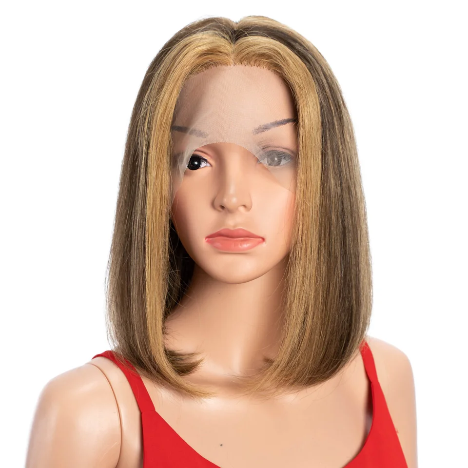 Kısa insan saçı Peruk Kadınlar İçin P4 / 27 Vurgulamak Remy Brezilyalı Saç Peruk 13X6X1 Dantel ön Peruk Doğal Düz Bob Dantel Peruk