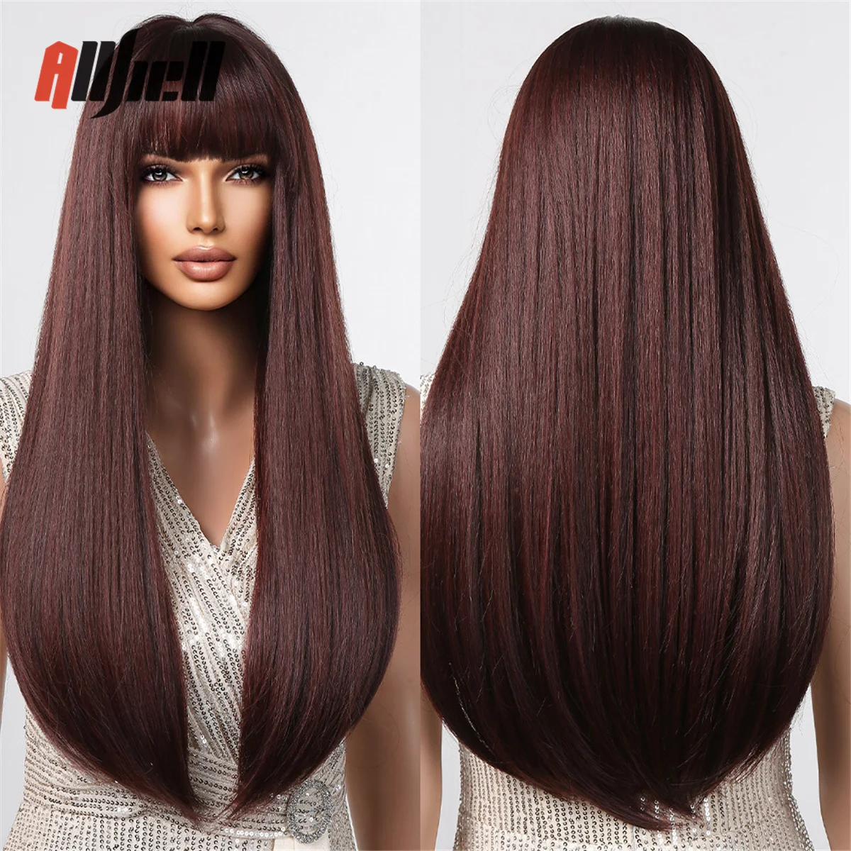 Sentetik Koyu Mor Uzun Düz kahküllü peruk Kırmızı Kahverengi Cosplay Günlük Peruk Siyah Kadınlar için Doğal Saç İsıya Dayanıklı