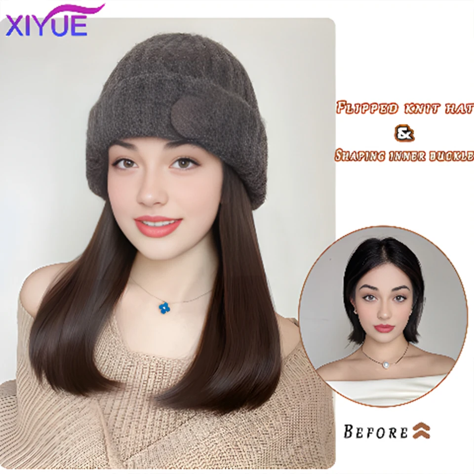 XIYUE Yün Şapka Peruk kadın Uzun Saç Tek Parça Moda Tam Kulaklık 2023 Yeni kadın Sonbahar ve Kış Örme Peruk Şapka