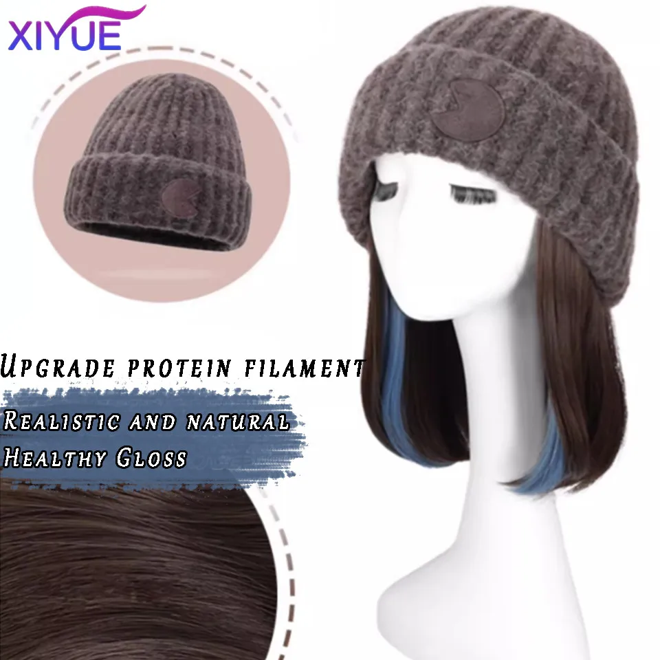 XIYUE Yün Şapka Peruk kadın Uzun Saç Tek Parça Moda Tam Kulaklık 2023 Yeni kadın Sonbahar ve Kış Örme Peruk Şapka
