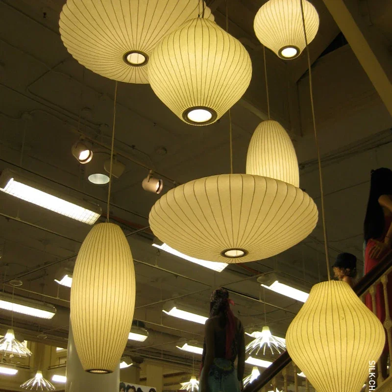 Japon kolye ışık Minimalist beyaz tasarım lamba ipek kumaş ışık giyim Nelson lamba dükkanı bez çatı fener kolye lamba