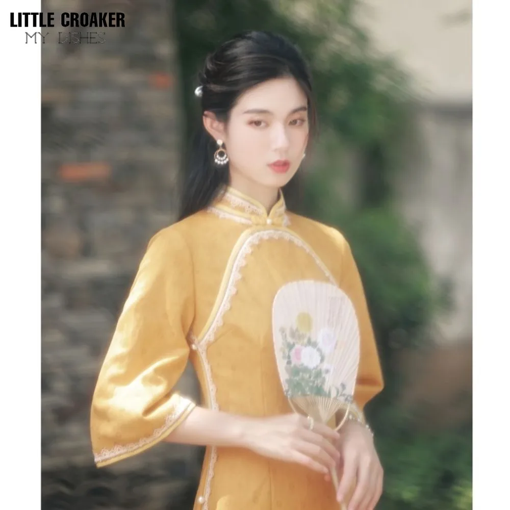 Kadın Qipao Sarı Ters Kollu Qipao 2023 Bahar Yeni Cheongsam Uzun Çinli Genç Kızların Günlük Giyilebilir Geliştirilmiş Elbise