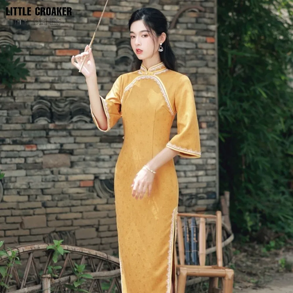 Kadın Qipao Sarı Ters Kollu Qipao 2023 Bahar Yeni Cheongsam Uzun Çinli Genç Kızların Günlük Giyilebilir Geliştirilmiş Elbise