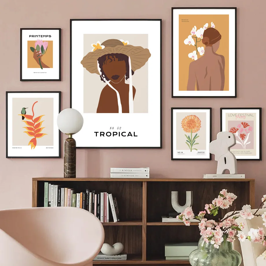 Kaplan Afrikalı Kadın Çiçek Tropikal Bitkiler Duvar sanat baskılı tuval Boyama Nordic Poster Soyut Resimler Oturma Odası Dekor İçin