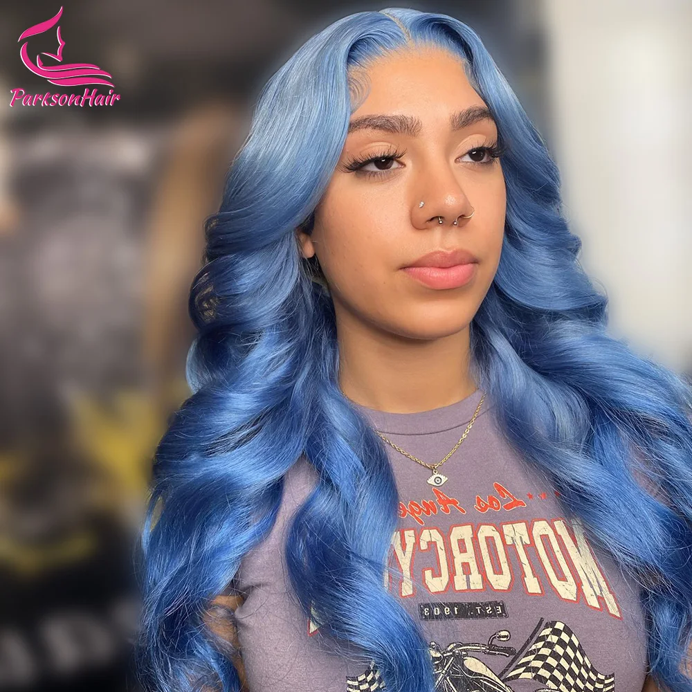 Gümüş Mavi Vücut Dalga Dantel Ön Şeffaf 13x4 13X6 Dantel Frontal İnsan Saç Peruk Brezilyalı Saç Renkli Peruk Kadınlar İçin