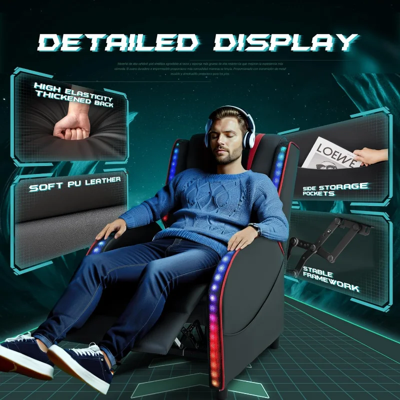 Homall LED Oyun Masaj Recliner Sandalye Yarış Tarzı Tek Oturma Odası Kanepe Recliner PU Deri Recliner Oturma (Kırmızı)