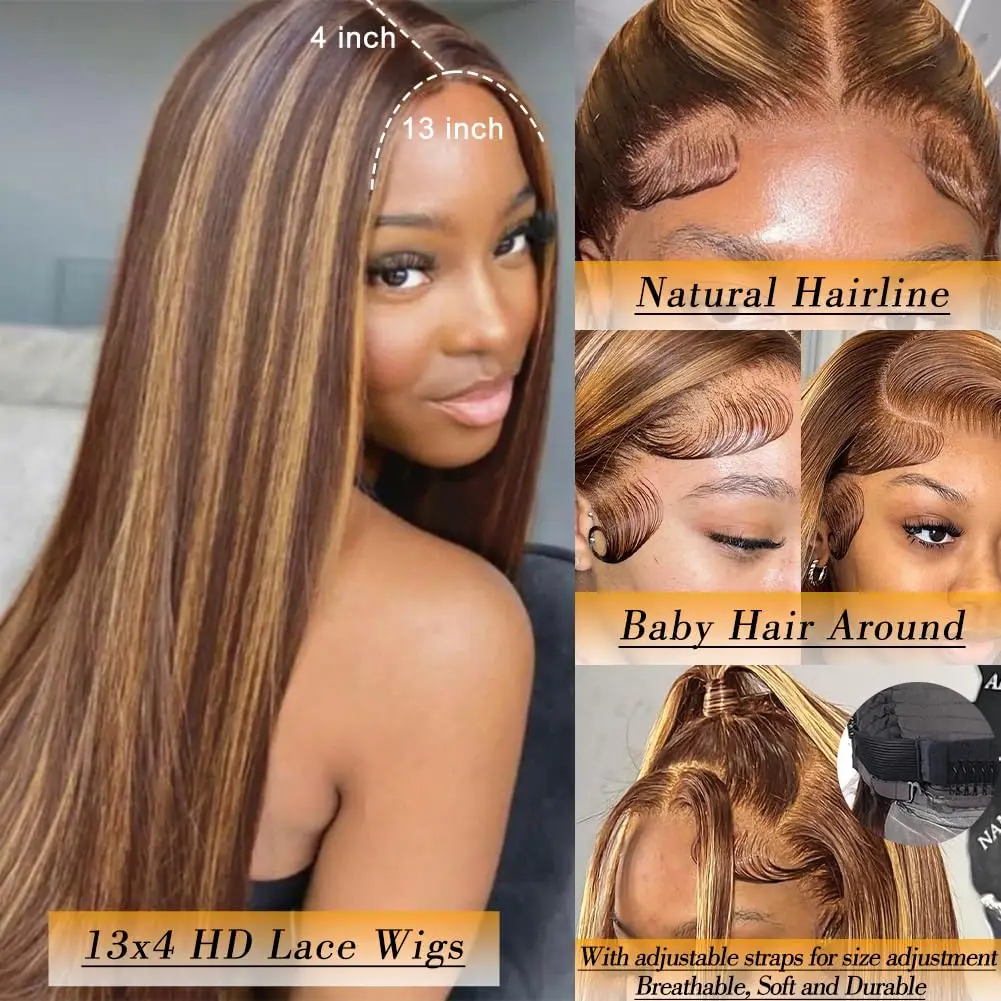Vurgulamak Ombre Düz Dantel Ön insan saçı peruk Ön Koparıp 13x4 HD Şeffaf 4/27 Bal Sarışın sırma ön peruk Kadınlar İçin