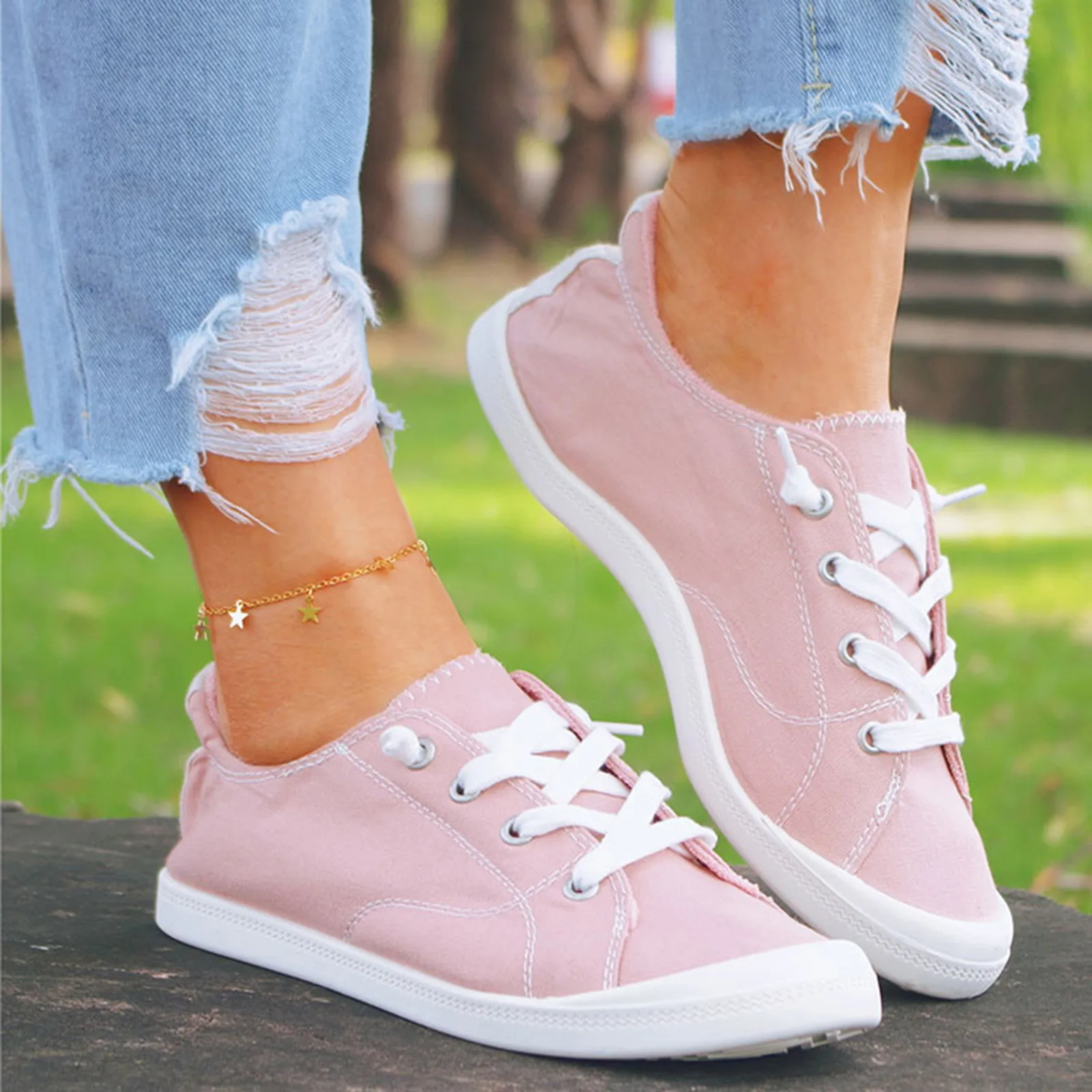 2023 Moda gündelik ayakkabı Kadın vulkanize ayakkabı Klasik Katı Lace Up kanvas ayakkabılar Yaz Sonbahar Hafif Düz spor ayakkabılar