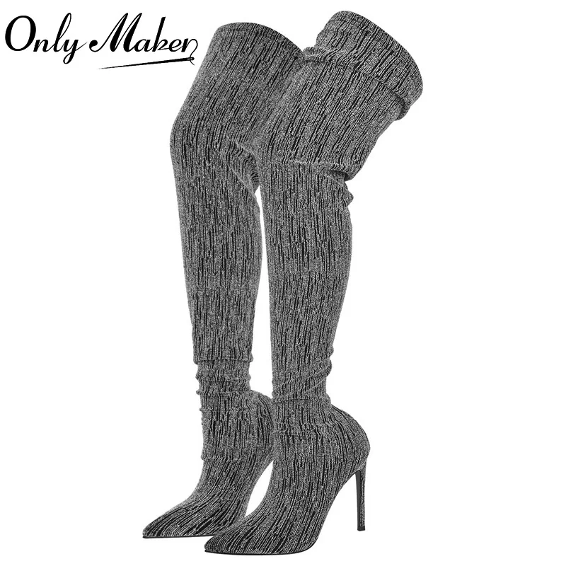 Onlymaker Kadın Artı Boyutu Diz Üzerinde Çorap Çizmeler İnce Yüksek Topuk Sivri Burun Stiletto Streç Çorap Çizmeler