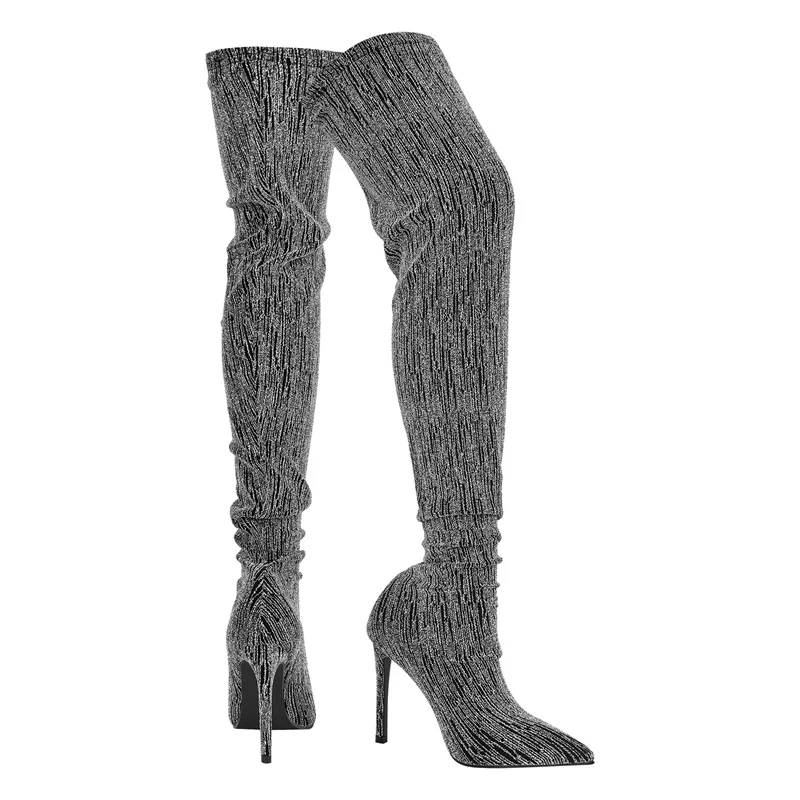 Onlymaker Kadın Artı Boyutu Diz Üzerinde Çorap Çizmeler İnce Yüksek Topuk Sivri Burun Stiletto Streç Çorap Çizmeler