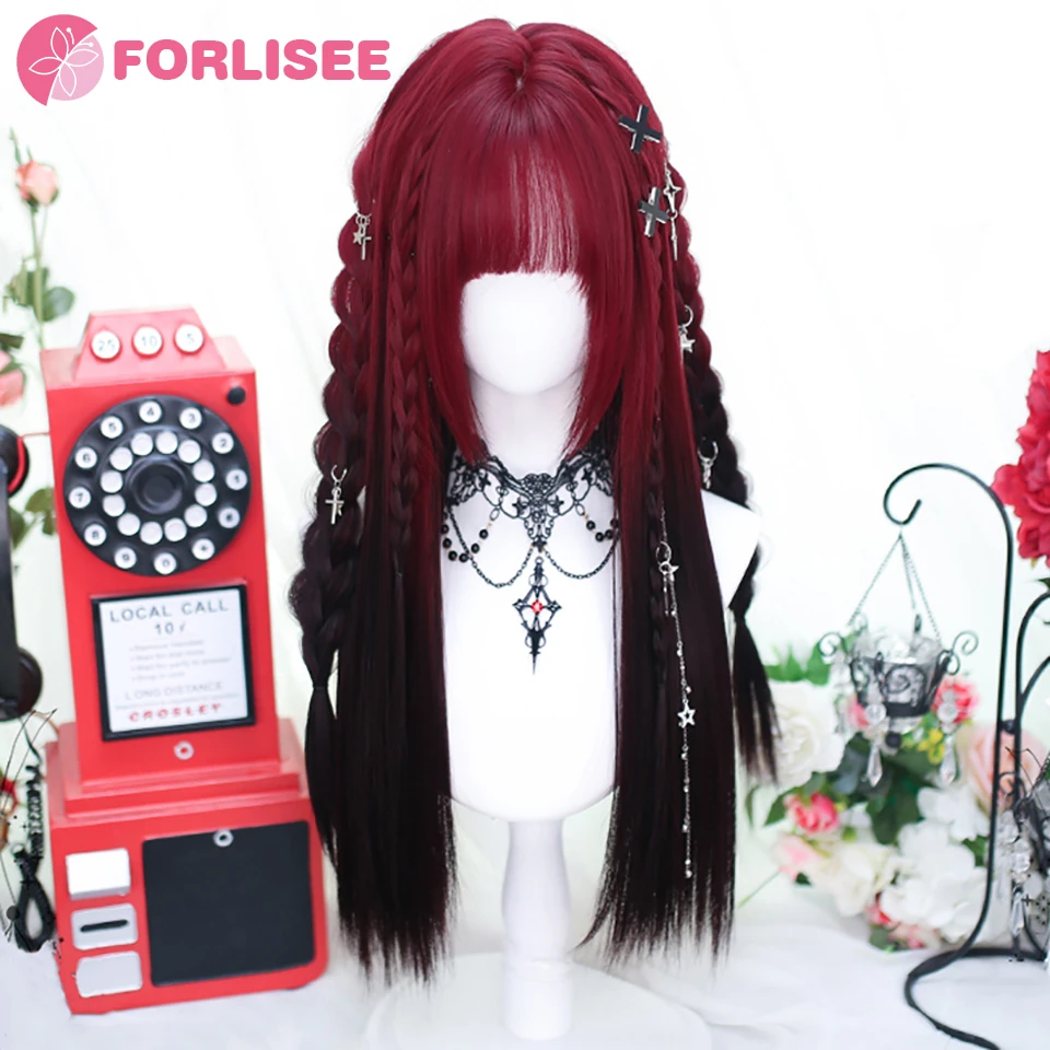 FORLISEE Cosplay kahküllü peruk Sentetik Düz Saç 23 İnç Uzun ısıya Dayanıklı Kırmızı Ve Siyah Boyama Peruk Kadınlar İçin