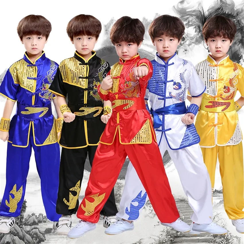 Çocuk Çin Geleneksel Tarzı Giyim Seti Pullu Ejderha Nakış Uzun ve Kısa Performans Tai Chi Kung Fu Üniformaları