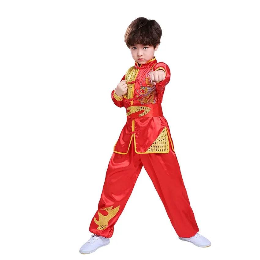 Çocuk Çin Geleneksel Tarzı Giyim Seti Pullu Ejderha Nakış Uzun ve Kısa Performans Tai Chi Kung Fu Üniformaları