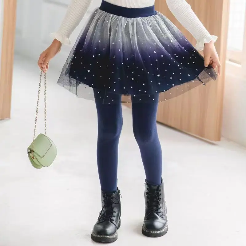 Kızların Tayt 2023 Sonbahar / Kış Yeni Sahte İki Parçalı Örgü Etek Pantolon çocuk Moda Prenses Tarzı Peluş Sıcak pantolon
