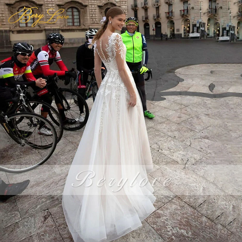 Berylove Bir çizgi Fildişi düğün elbisesi Cap Kollu Aplike V Boyun gelinlik Tül Gelin Elbise gelin kıyafeti Evlilik Plaj Elbise
