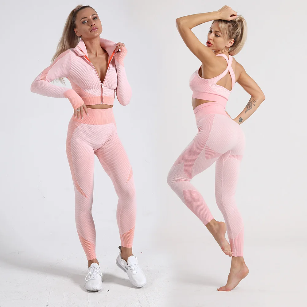 Kadın yoga kıyafeti Üç parçalı Takım Elbise Örme Kalça kaldırma Streç Spor Uzun kollu Üst Yüksek bel Tayt Spor Takım Elbise