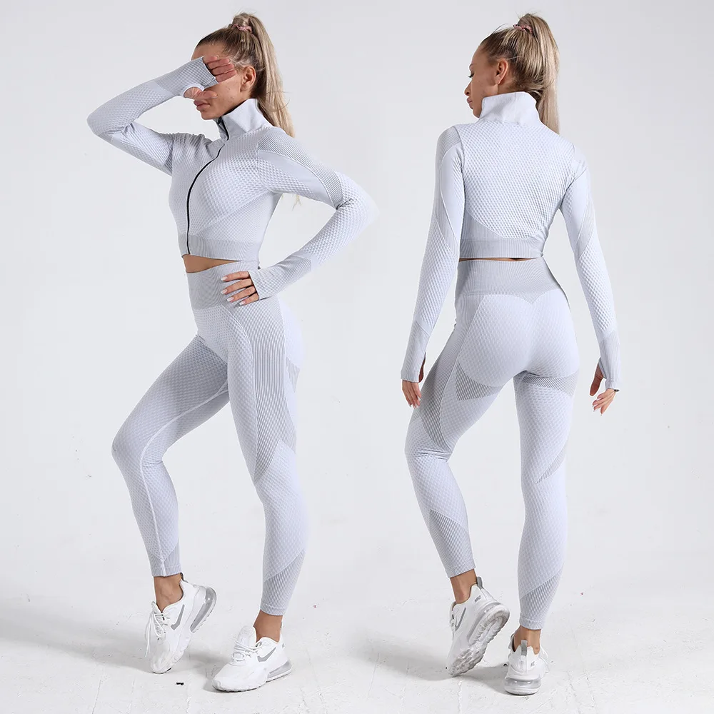 Kadın yoga kıyafeti Üç parçalı Takım Elbise Örme Kalça kaldırma Streç Spor Uzun kollu Üst Yüksek bel Tayt Spor Takım Elbise
