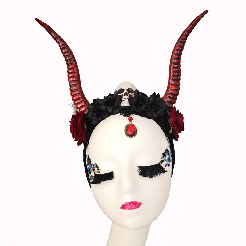 El yapımı Kırmızı Antilop Boynuz Headdress Cosplay Gotik İskelet Kafatası Çiçekler Kafa Bandı Sahne Steampunk Parti Festivali Cadılar Bayramı