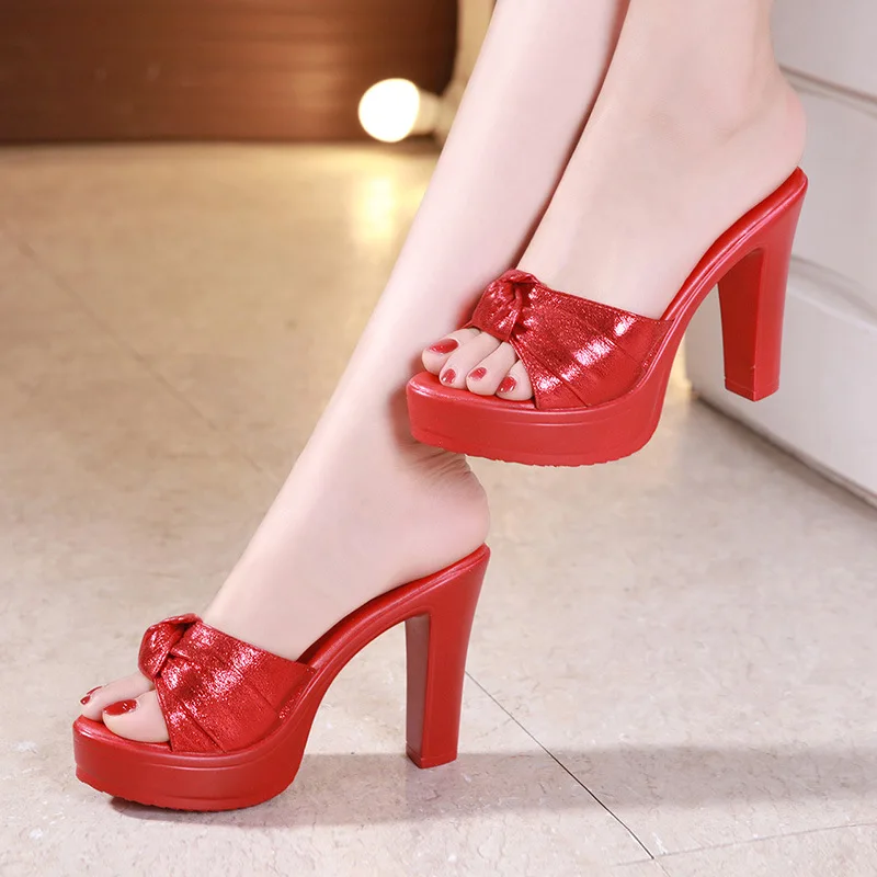 Artı Boyutu 32-43 Blok Topuk Platformu Terlik Kadın Düğün Ayakkabı Altın Kırmızı Yaz 2023 OL Yüksek Topuklu Slaytlar Bayanlar Ofis Ayakkabı