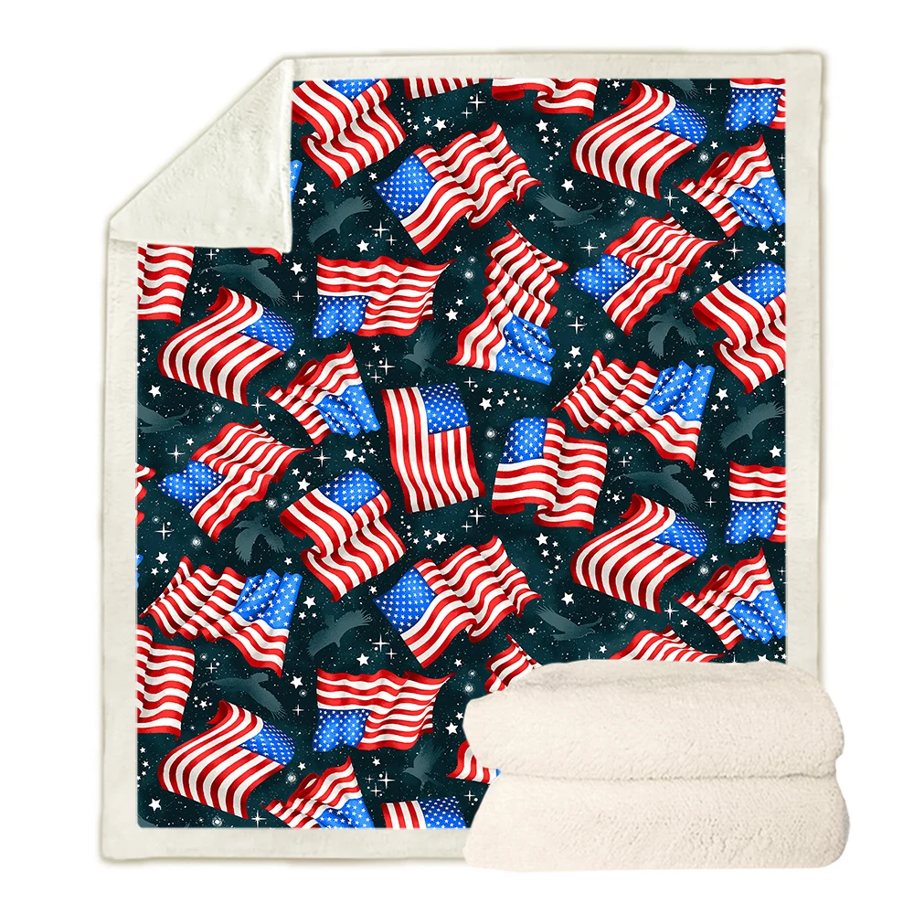 CLOOCL Moda Battaniye Amerikan Bağımsızlık Günü Bayrağı 3D Baskılı Atmak Battaniye Çift Katmanlı Yorgan Moda Seyahat Yorgan