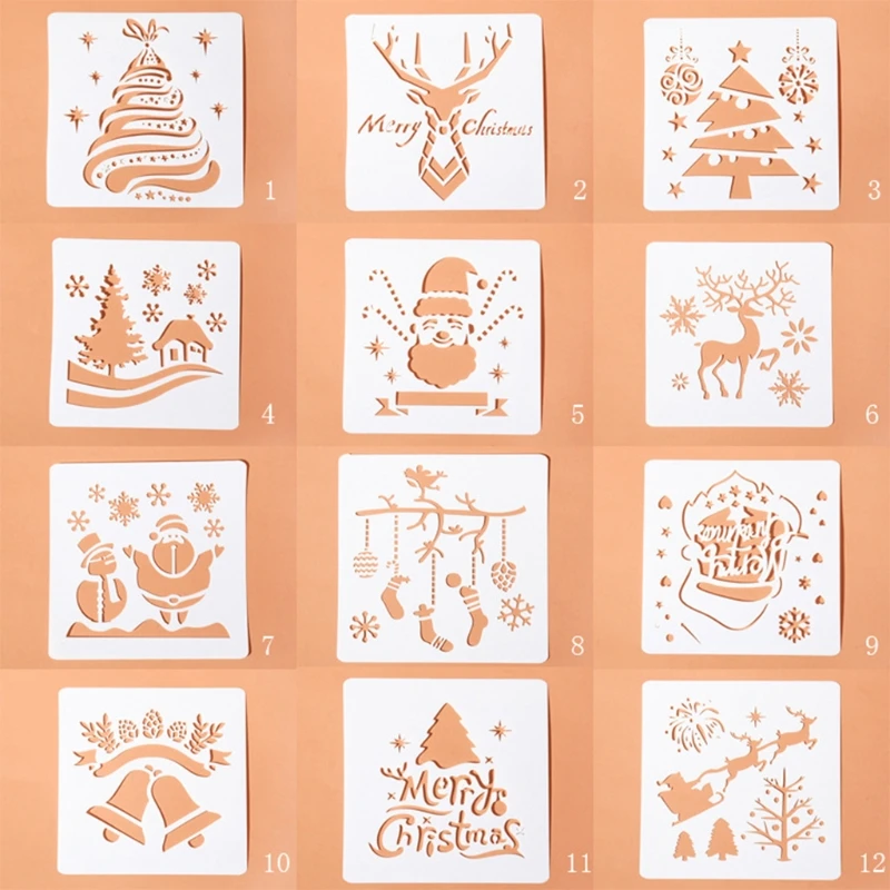 12 Adet Plastik boyama Şablonu,Noel Temaları Noel Baba Kardan Adam Noel Ağacı Kar Elk Jingle Bell Çizim Püskürtme