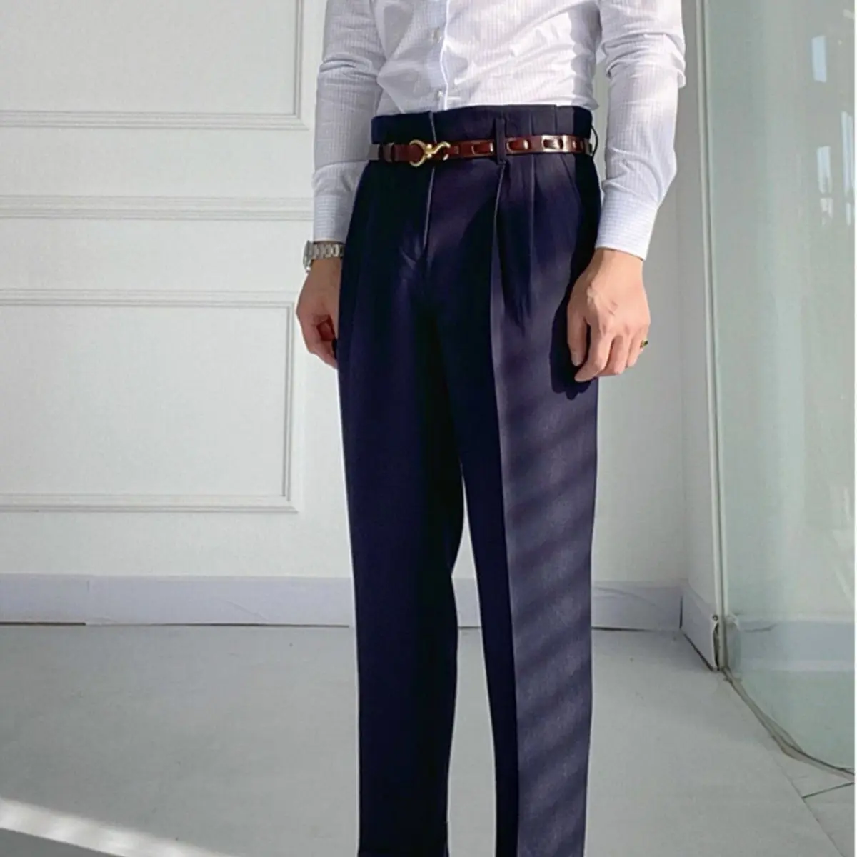 Yeni Tasarım Erkekler Yüksek Bel Pantolon Katı İngiltere Iş günlük giysi Pantolon Moda Streç Pantolon Erkek Marka Giyim C78