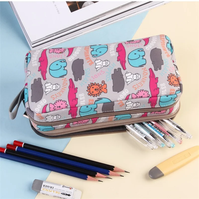 Hayvan parkı karikatür kalem kutusu Taşınabilir tuval kalem kutusu Çift katmanlı Büyük kalem çantası Öğrenci kırtasiye çantası Okul malzemeleri depolama