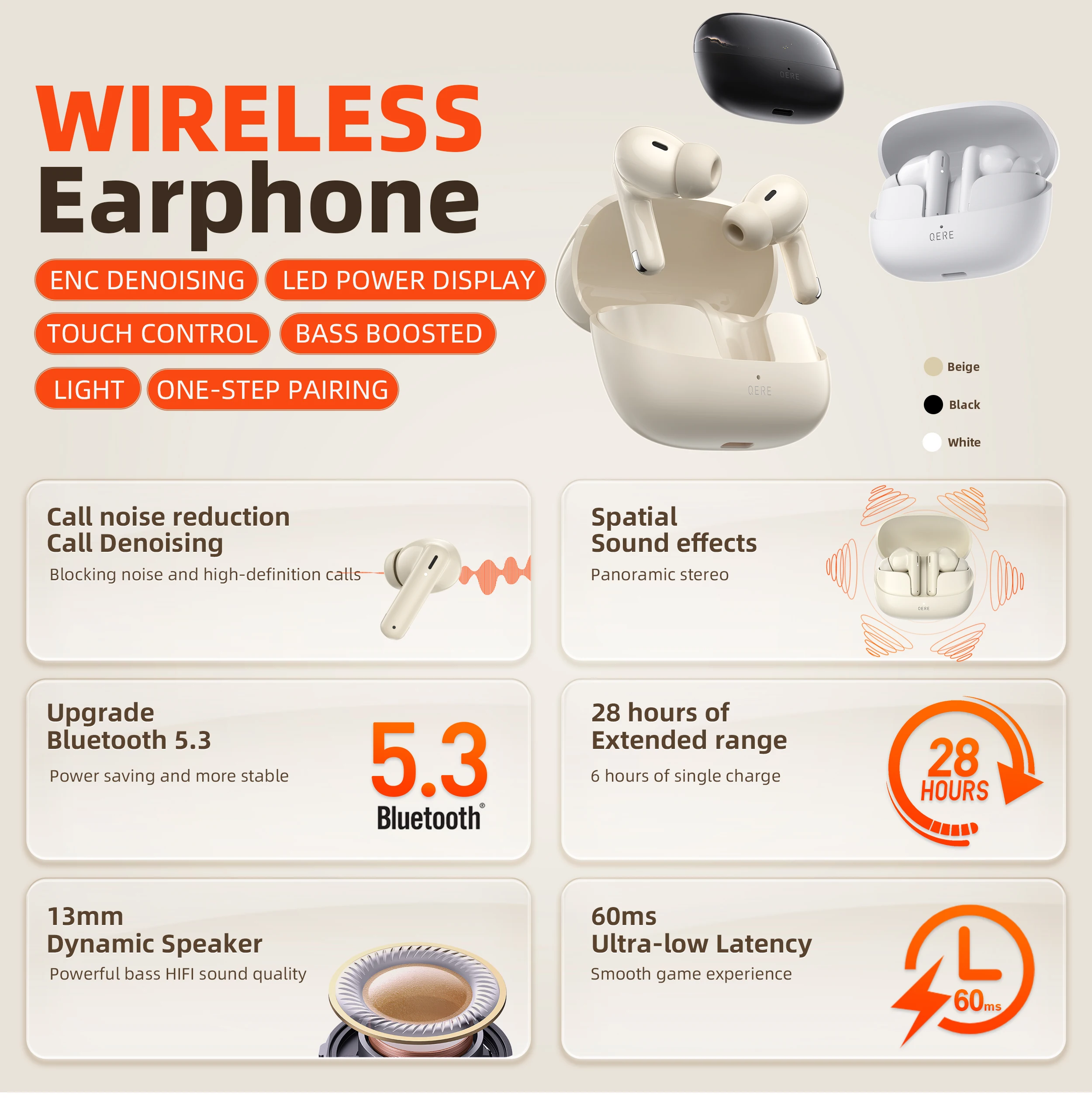 Kablosuz kulaklıklar, QERE E38, YENİ TWS Bluetooth 5.3, HD Mikrofon, HİFİ Kulaklık, 13mm Sürücü,60 ms Düşük Gecikme, 4 Mikrofonlar + ENC Çağrı