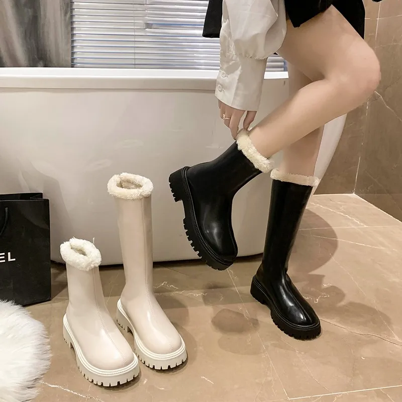 Çizmeler Düz Platformu Yuvarlak Ayak Çizmeler-Kadın Kış Ayakkabı Avustralya kadın ayakkabısı Seksi Uyluk Yüksek Topuklu Yüksek Seksi Takunya Orta Buzağı