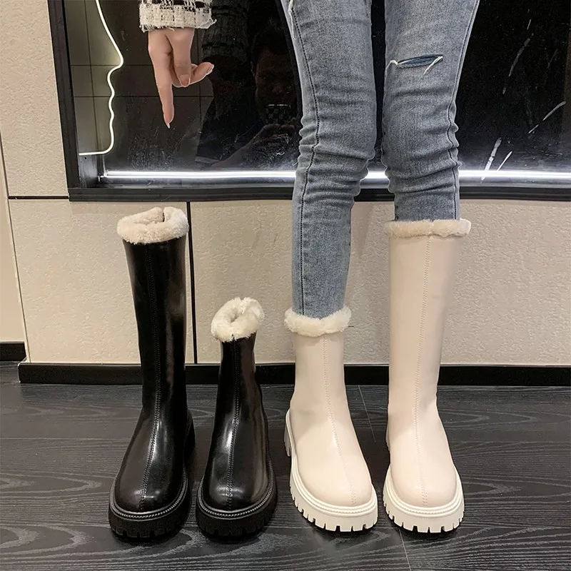 Çizmeler Düz Platformu Yuvarlak Ayak Çizmeler-Kadın Kış Ayakkabı Avustralya kadın ayakkabısı Seksi Uyluk Yüksek Topuklu Yüksek Seksi Takunya Orta Buzağı