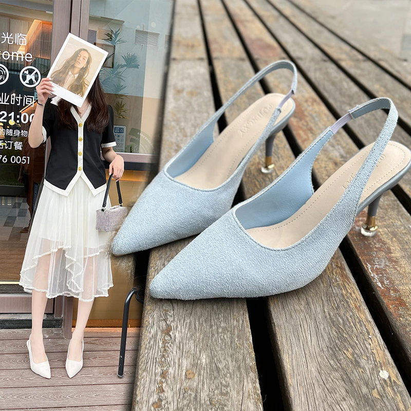 Topuklu Kadınlar için Bahar Yeni Saf Renk kadın ayakkabısı Fransız Sivri Sandalet İnce Topuk Düşük (6cm-8cm) sığ Ağız Tek ayakkabı