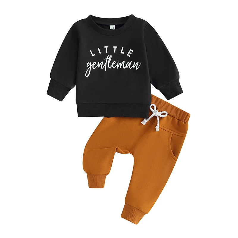 Bebek Erkek Sonbahar Kıyafetler Mektup Baskı Uzun Kollu Tişörtü ve Düz Renk Uzun Pantolon 2 Adet Giyim Seti