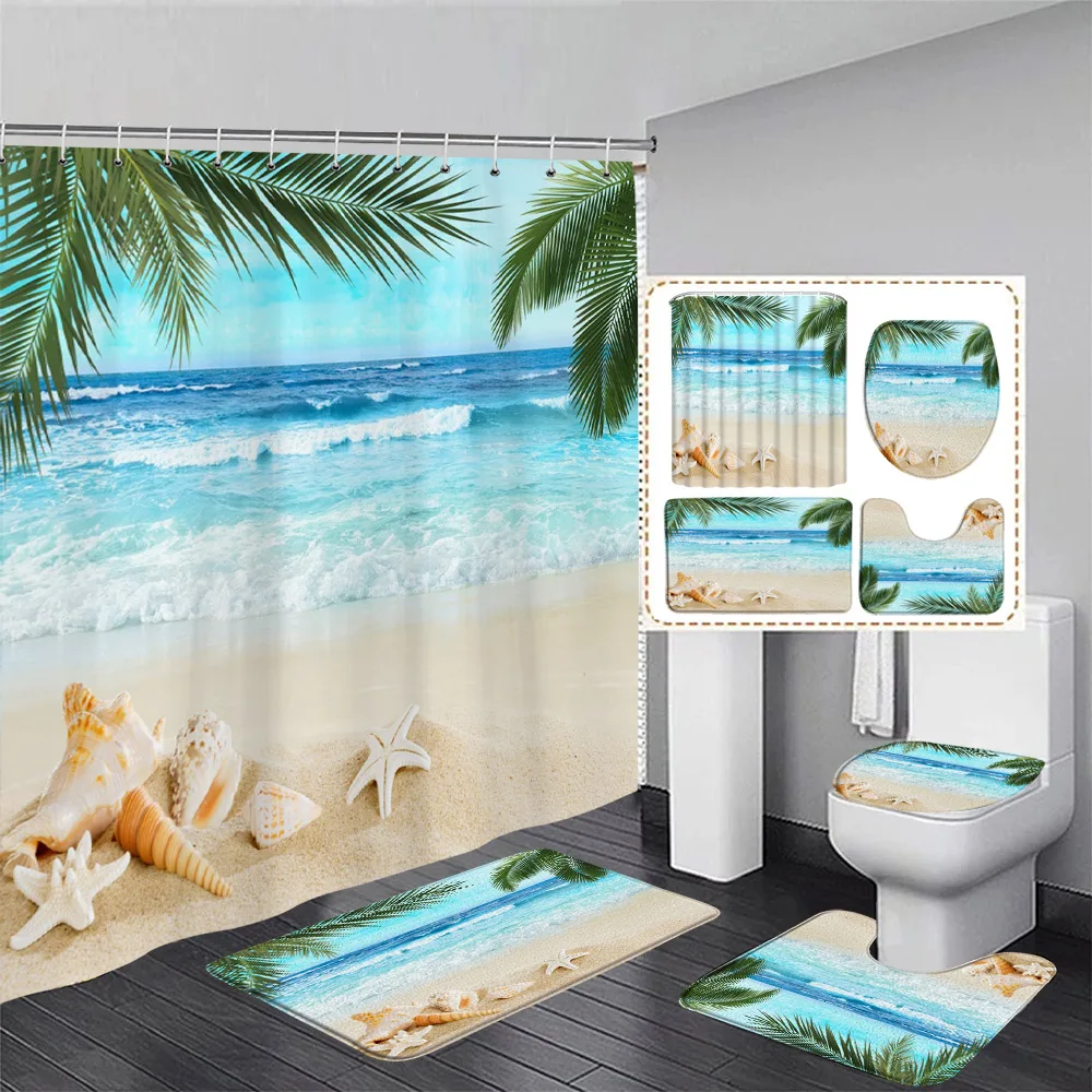 Okyanus Manzara Duş perde seti palmiye Yaprakları Denizyıldızı Kabuklu Deniz Dalga Plaj Banyo Dekor Kaymaz Halı Banyo Paspasları Tuvalet Kapağı